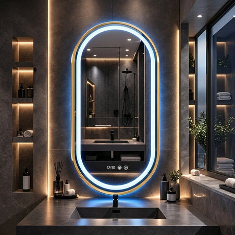 Espejo de Baño Led 55x100cm Ovalado Antiempaño con Marco Metalico Dorado Con Biselado y con SandBlasting - ESPEJOS DE BANHO | Bylmo