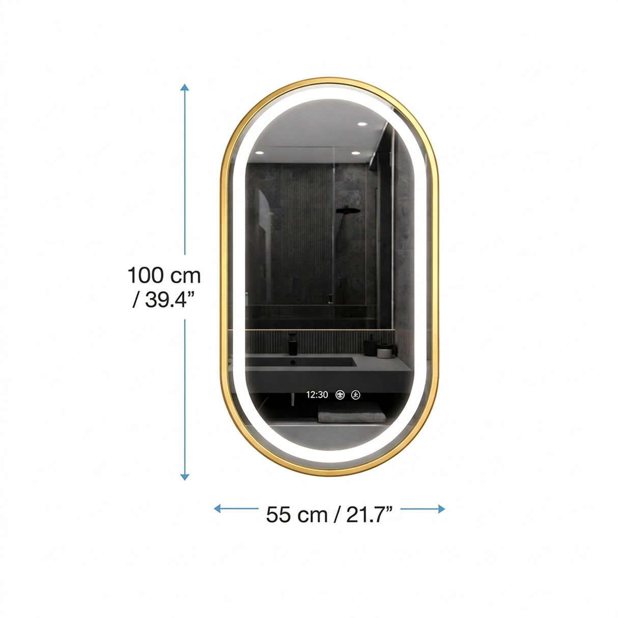 Espejo de Baño Led 55x100cm Ovalado Antiempaño con Marco Metalico Dorado Con Biselado y con SandBlasting - ESPEJOS DE BANHO | Bylmo