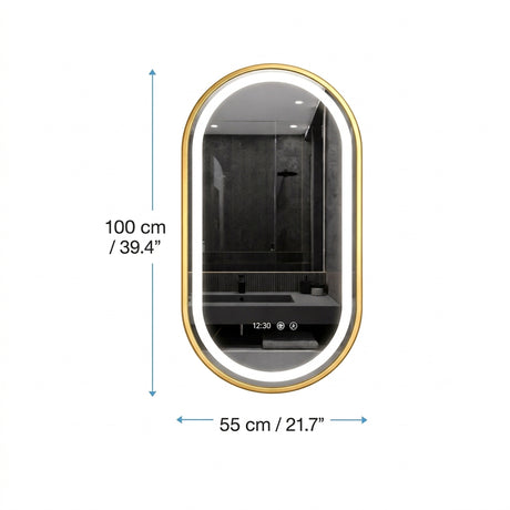 Espejo de Baño Led 55x100cm Ovalado Antiempaño con Marco Metalico Dorado Con Biselado y con SandBlasting - ESPEJOS DE BANHO | Bylmo