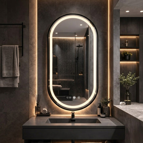 Espejo de Baño Led 55x100cm Ovalado Antiempaño con Marco Metalico Negro Con Biselado y con SandBlasting - ESPEJOS DE BANHO | Bylmo