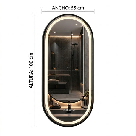 Espejo de Baño Led 55x100cm Ovalado Antiempaño con Marco Metalico Negro Con Biselado y con SandBlasting - ESPEJOS DE BANHO | Bylmo