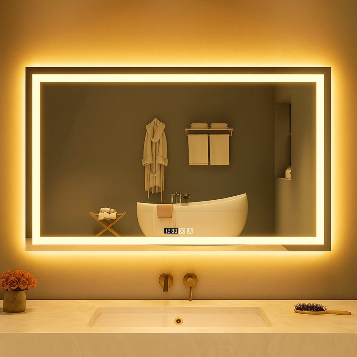 Espejo de Baño Led 80x60cm Rectangular Antiempaño sin Marco Con Biselado y con SandBlasting - ESPEJOS DE BANHO | Bylmo