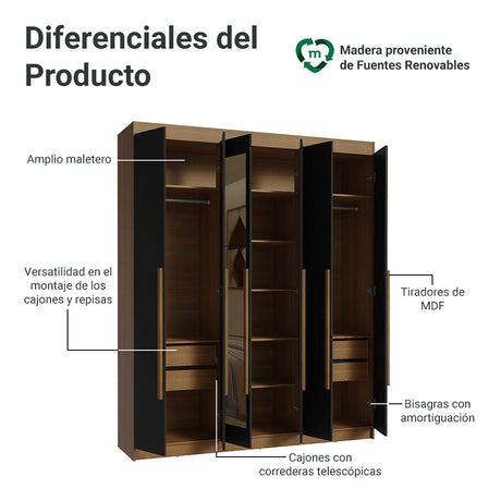 Closet Venus Marrón y Negro 180x217cm con Seis Puertas de Tiradores Marrón con Doce Compartimientos y con Espejo - CLOSETS | Bylmo