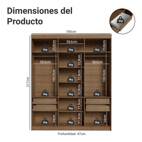 Closet Venus Marrón y Blanco 180x217cm con Seis Puertas con Doce Compartimientos y con Espejo - CLOSETS | Bylmo