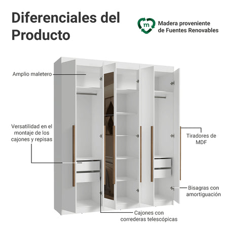 Closet Venus Blanco y Marrón 180x217cm con Seis Puertas con Doce Compartimientos y con Espejo - CLOSETS | Bylmo