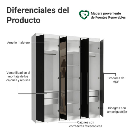 Closet Venus Blanco y Negro 180x217cm con Seis Puertas con Doce Compartimientos y con Espejo - CLOSETS | Bylmo