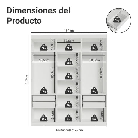 Closet Venus Blanco y Negro 180x217cm con Seis Puertas y con Doce Compartimientos - CLOSETS | Bylmo