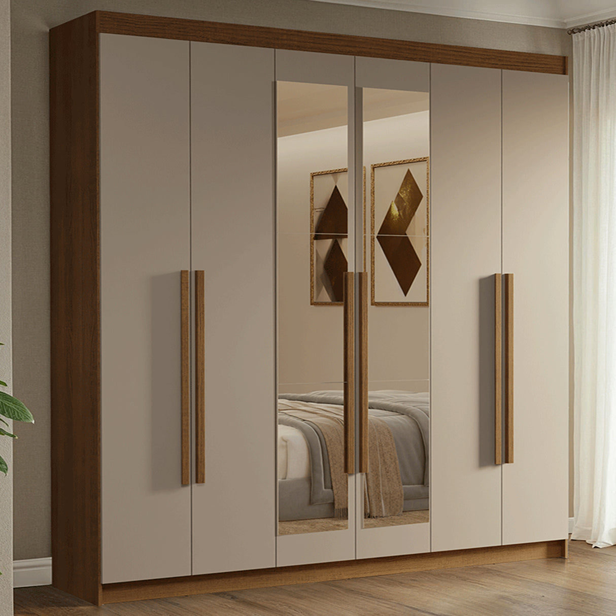 Closet Venus Marrón y Crema 180x217cm con Seis Puertas con Doce Compartimientos y con Espejo - CLOSETS | Bylmo