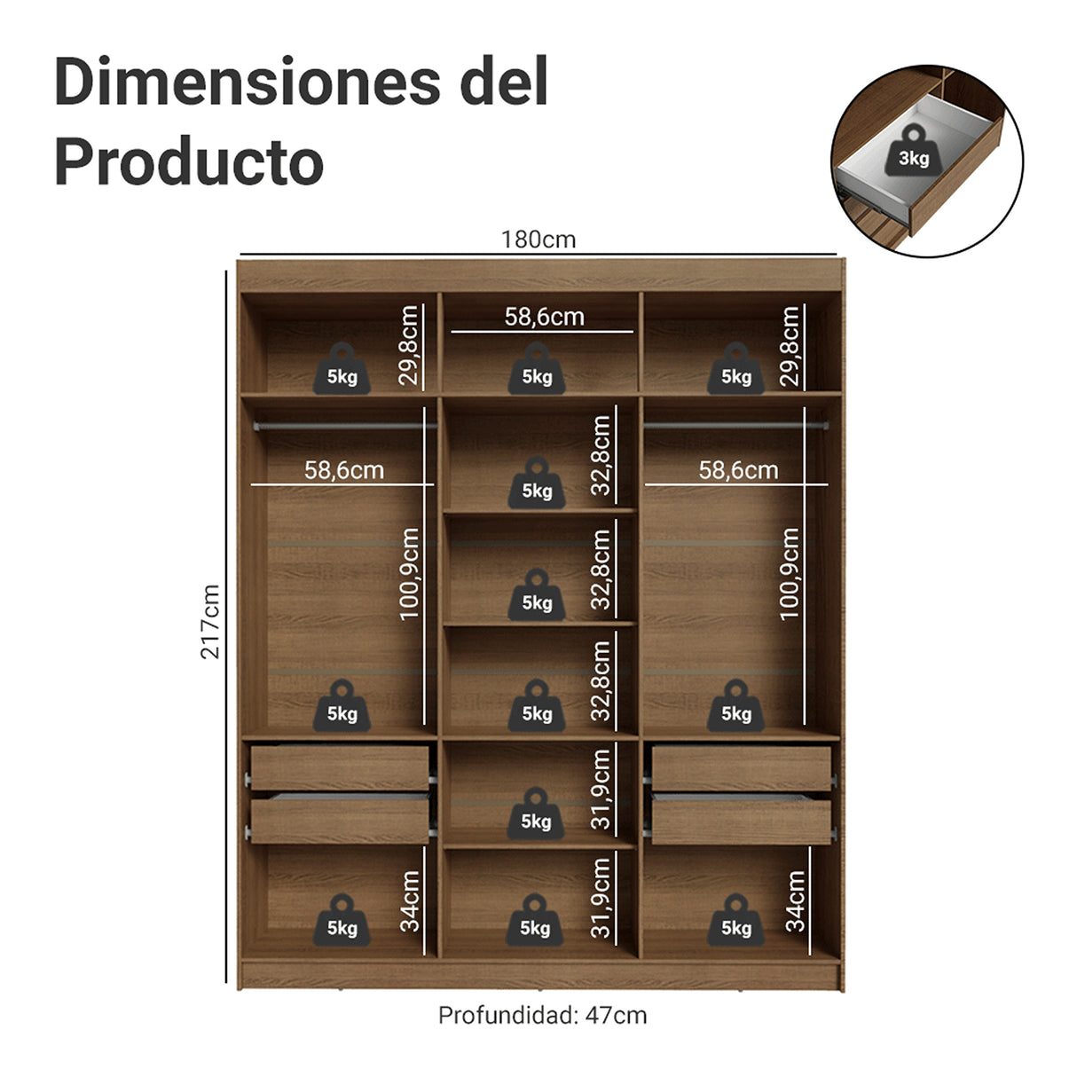 Closet Venus Marrón y Negro 180x217cm con Seis Puertas con Doce Compartimientos y con Espejo - CLOSETS | Bylmo