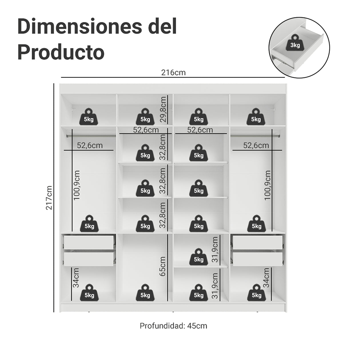 Closet Venus Blanco 216x217cm sin Puertas y con Diecisiete Compartimientos - CLOSETS | Bylmo