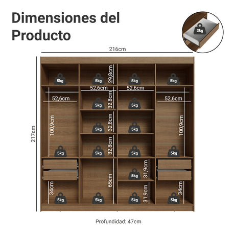 Closet Venus Marrón y Negro 216x217cm con Ocho Puertas de Tiradores Marrón y con Diecisiete Compartimientos - CLOSETS | Bylmo
