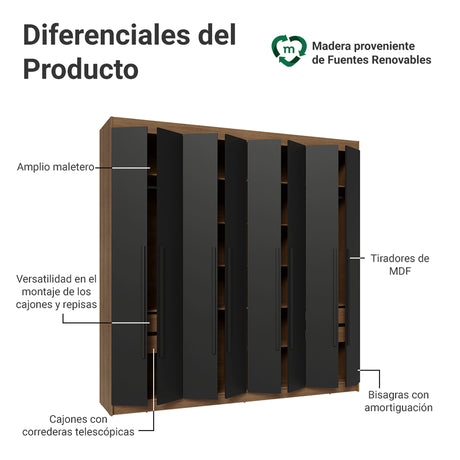 Closet Venus Marrón y Negro 216x217cm con Ocho Puertas y con Diecisiete Compartimientos - CLOSETS | Bylmo
