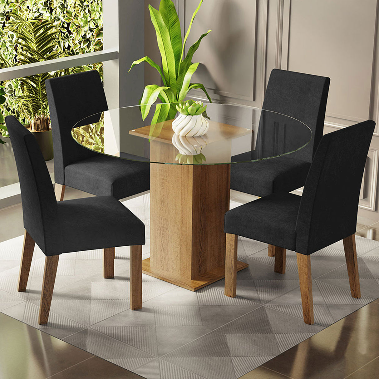 Juego de comedor Mile Marrón y Negro 110x76cm Circular de Cuatro Puestos con Cuatro Sillas - COMEDORES | Bylmo