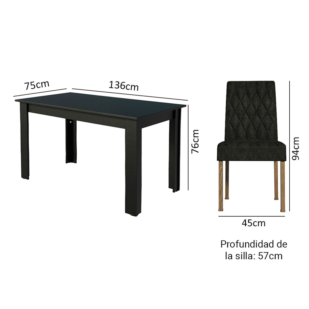 Juego de comedor Allegro Negro 136x76cm Rectangular de Seis Puestos con Seis Sillas - COMEDORES | Bylmo
