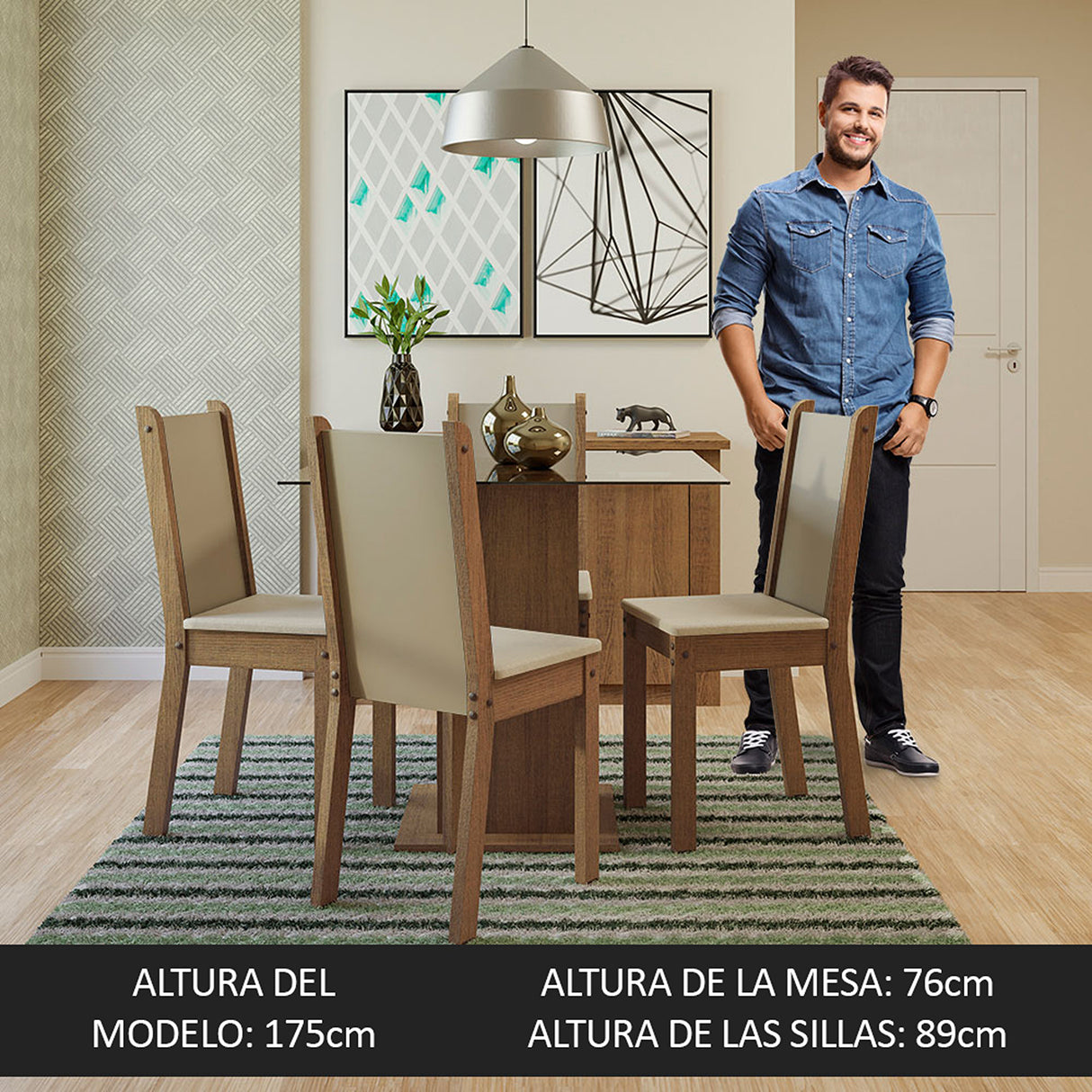 Juego de comedor Aline Marrón y Crema 90x76cm Cuadrado de Cuatro Puestos con Cuatro Sillas - COMEDORES | Bylmo