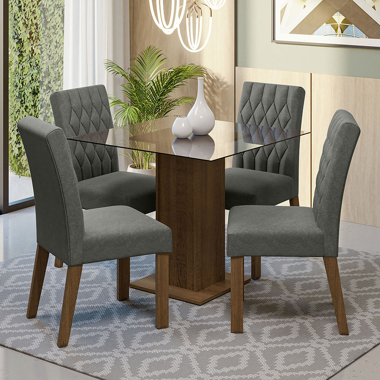 Juego de comedor Noemi Marrón y Plata 80x76cm Cuadrado de Cuatro Puestos con Cuatro Sillas - COMEDORES | Bylmo