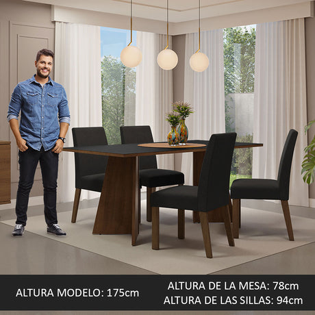 Juego de comedor April Negro Oxford y Marrón 180x78cm Rectangular de Cuatro Puestos con Cuatro Sillas - COMEDORES | Bylmo