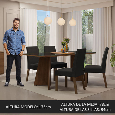 Juego de comedor Taylor Negro Oxford y Marrón 180x78cm Rectangular de Cuatro Puestos con Cuatro Sillas - COMEDORES | Bylmo