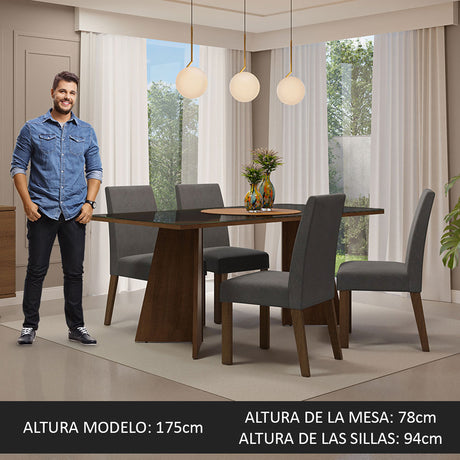 Juego de comedor Taylor Negro y Marrón 180x78cm Rectangular de Cuatro Puestos con Cuatro Sillas - COMEDORES | Bylmo