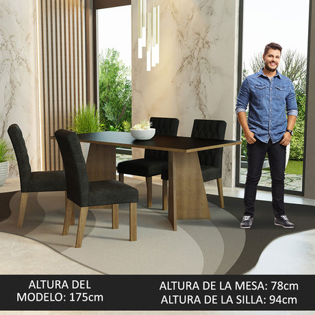 Juego de comedor Ruby Negro Oxford y Marrón 180x78cm Rectangular de Cuatro Puestos con Cuatro Sillas - COMEDORES | Bylmo