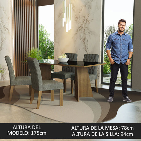 Juego de comedor Harper Negro y Marrón 180x78cm Rectangular de Cuatro Puestos con Cuatro Sillas - COMEDORES | Bylmo