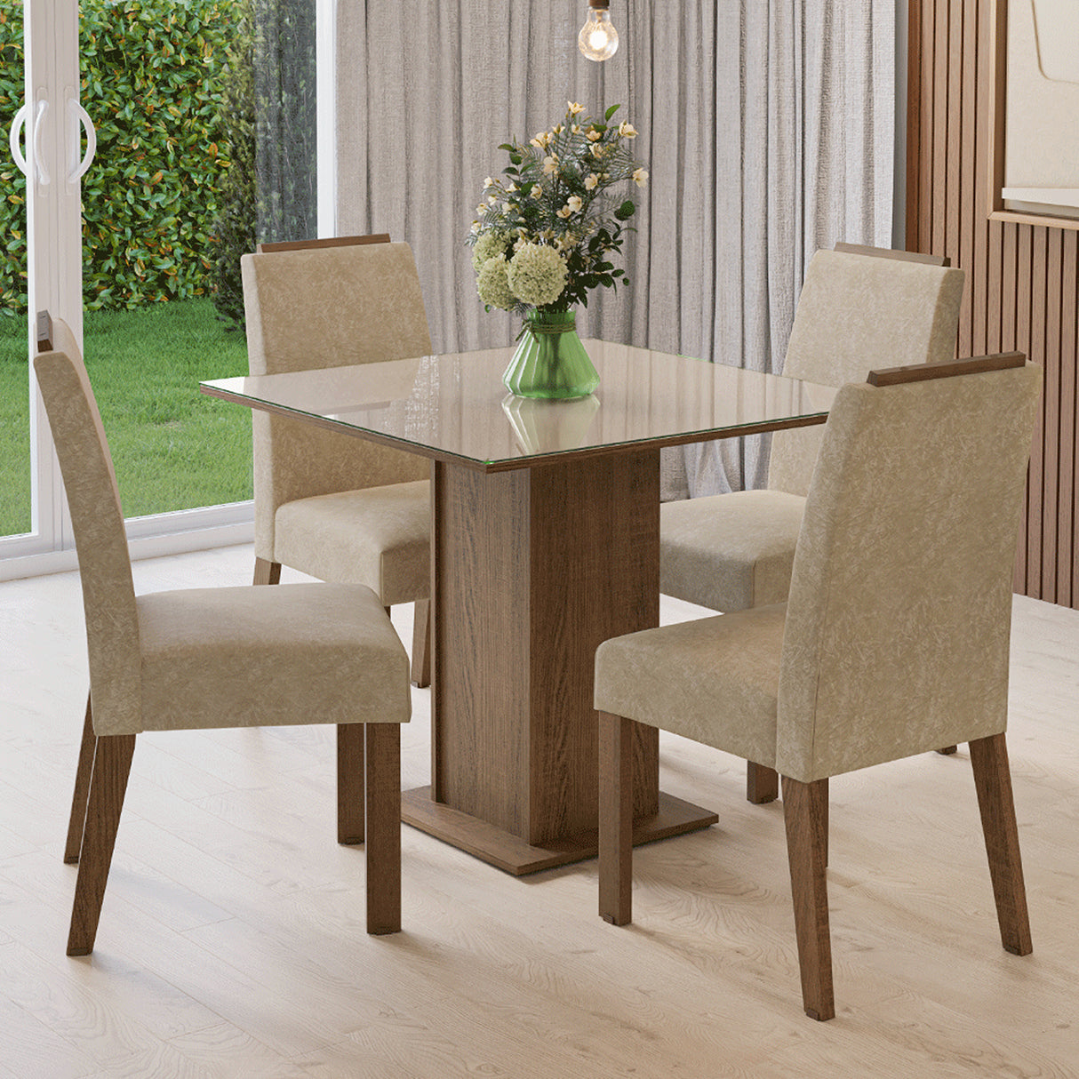 Juego de comedor Sines Marrón y Crema 90x78cm Cuadrado de Cuatro Puestos con Cuatro Sillas - COMEDORES | Bylmo