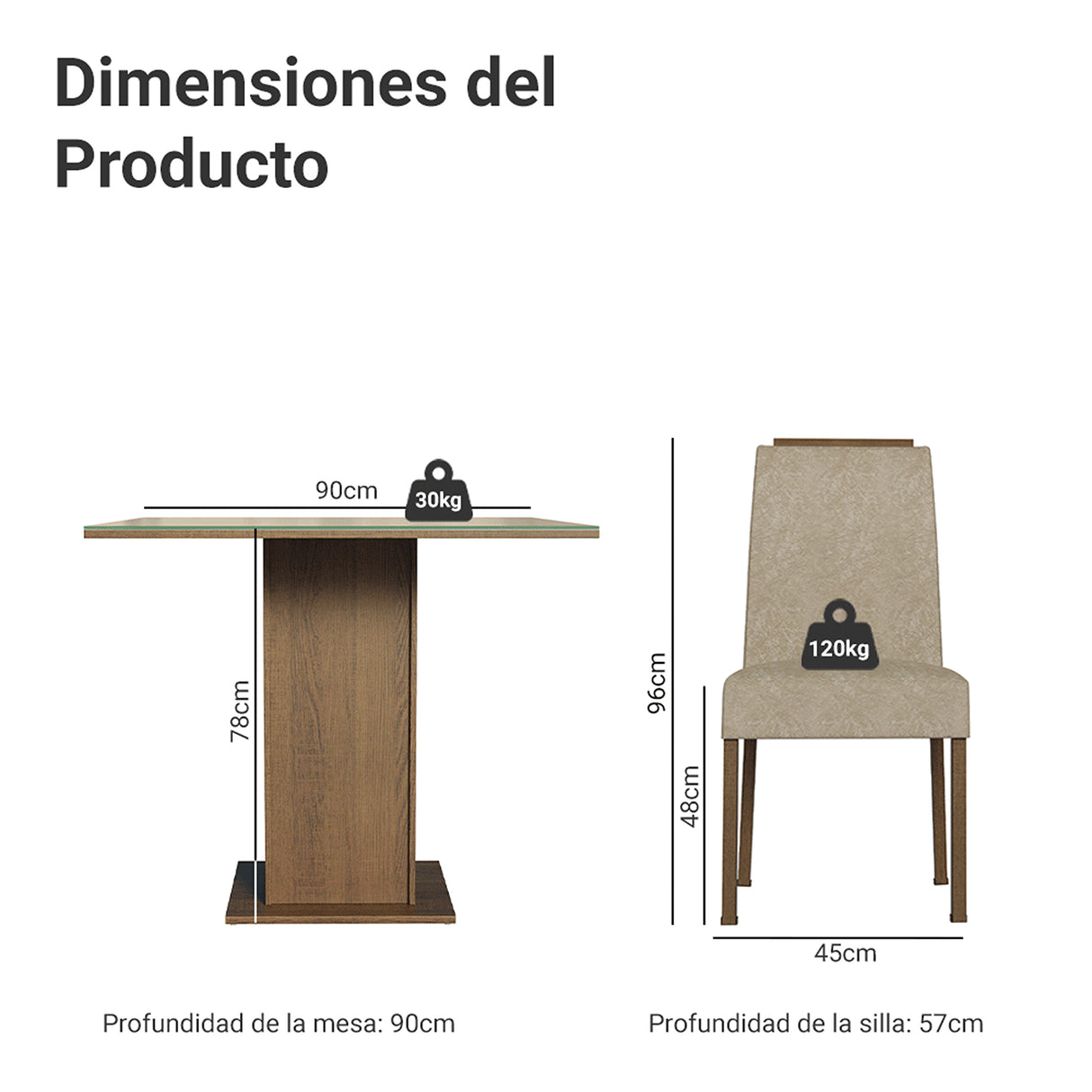 Juego de comedor Sines Marrón y Crema 90x78cm Cuadrado de Cuatro Puestos con Cuatro Sillas - COMEDORES | Bylmo