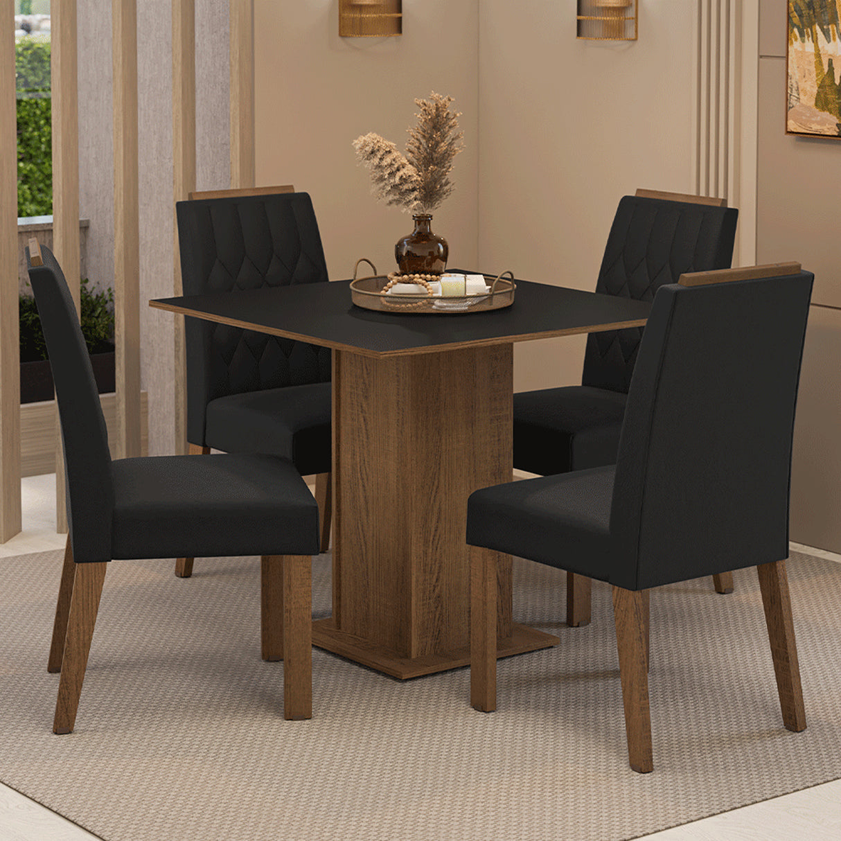 Juego de comedor Cannes Marrón y Negro 90x78cm Cuadrado de Cuatro Puestos con Cuatro Sillas - COMEDORES | Bylmo
