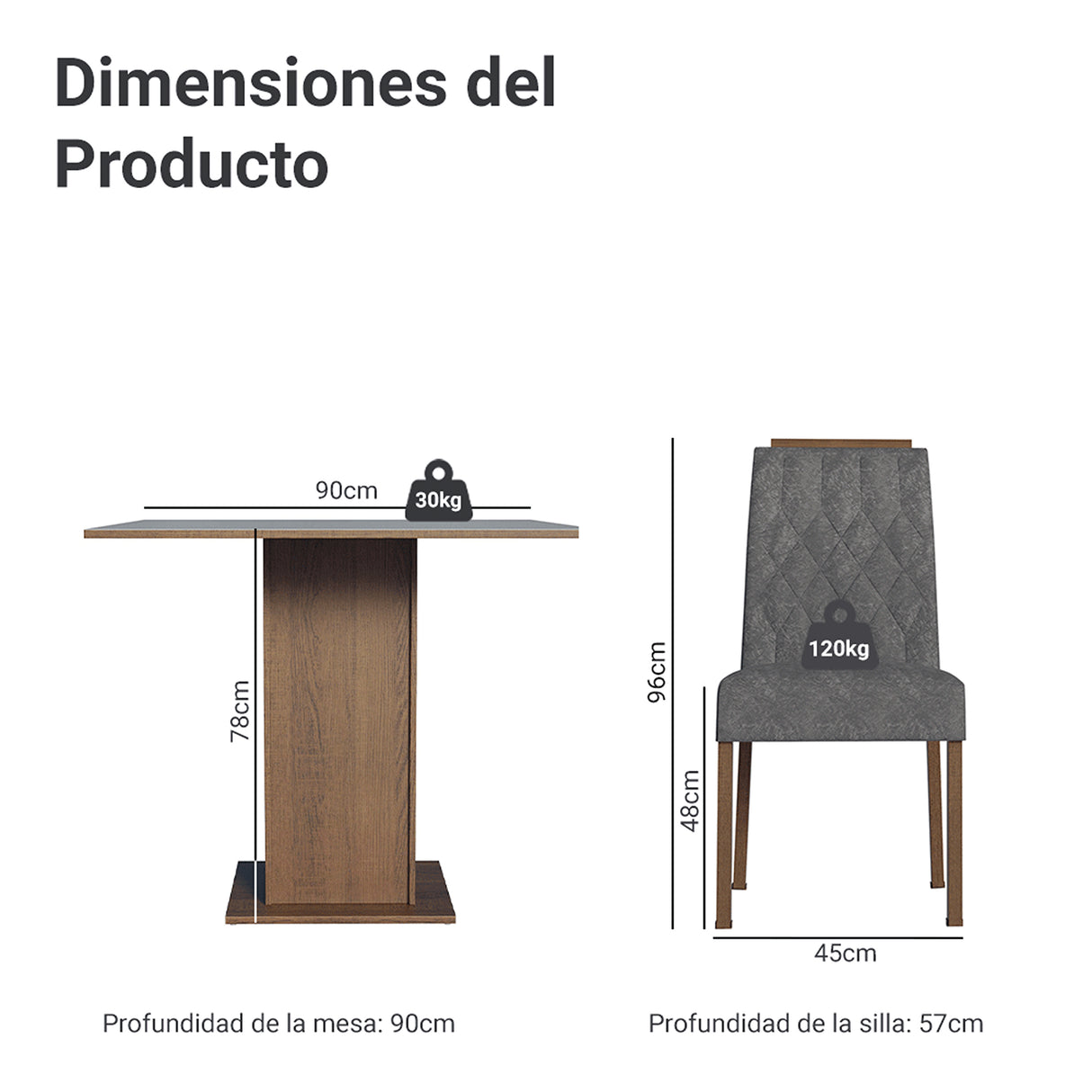 Juego de comedor Cannes Marrón y Gris 90x78cm Cuadrado de Cuatro Puestos con Cuatro Sillas - COMEDORES | Bylmo