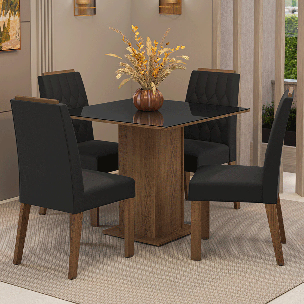 Juego de comedor Capri Marrón y Negro 90x78cm Cuadrado de Cuatro Puestos con Cuatro Sillas - COMEDORES | Bylmo
