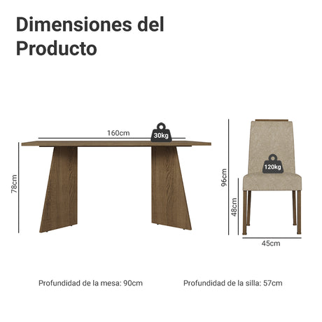Juego de comedor Évora Marrón y Beige 160x78cm Rectangular de Cuatro Puestos con Cuatro Sillas - COMEDORES | Bylmo