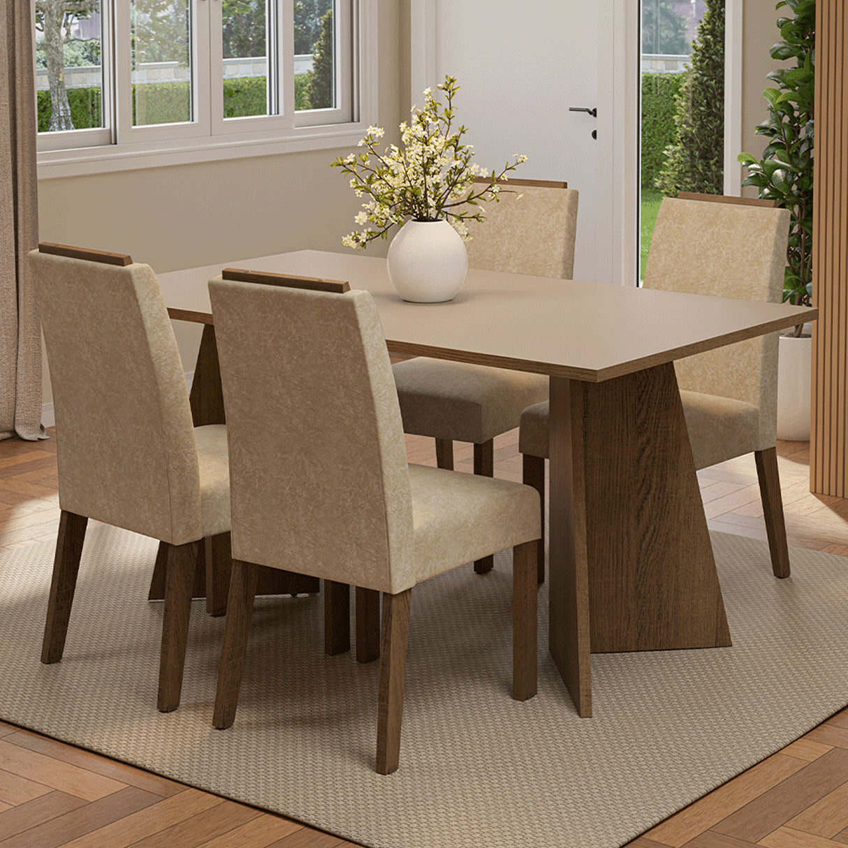 Juego de comedor Évora Marrón y Crema 160x78cm Rectangular de Cuatro Puestos con Cuatro Sillas - COMEDORES | Bylmo
