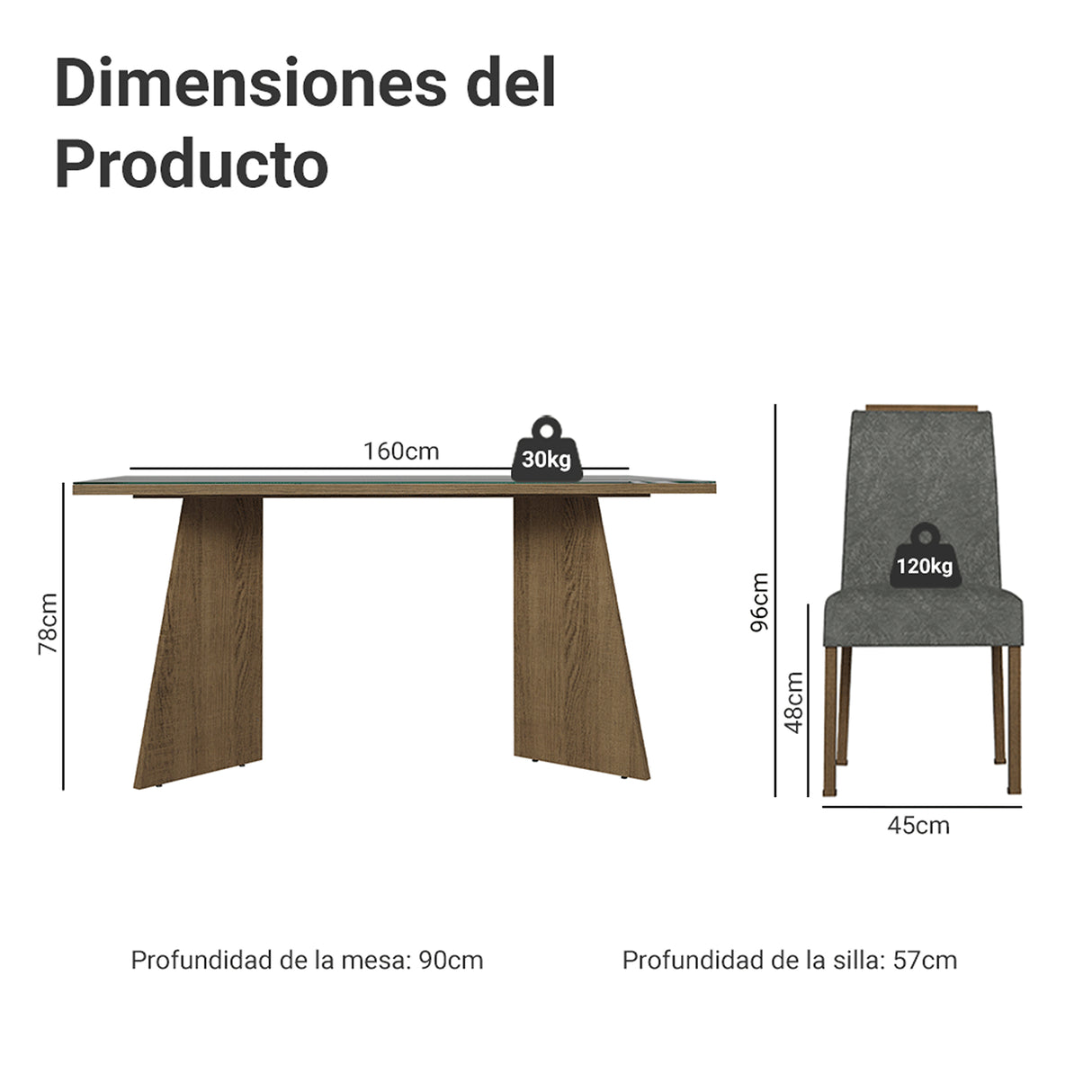 Juego de comedor Braga Marrón y Gris 160x78cm Rectangular de Cuatro Puestos con Cuatro Sillas - COMEDORES | Bylmo