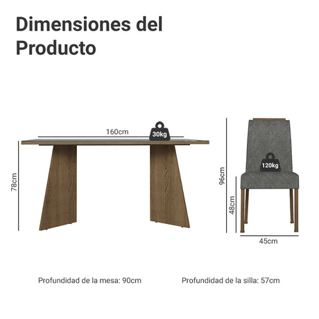 Juego de comedor Braga Marrón y Gris 160x78cm Rectangular de Cuatro Puestos con Cuatro Sillas - COMEDORES | Bylmo