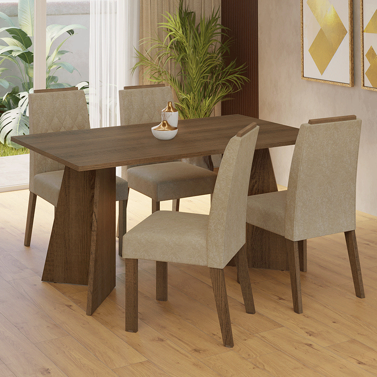 Juego de comedor Tulum Marrón y Beige 160x78cm Rectangular de Cuatro Puestos con Cuatro Sillas - COMEDORES | Bylmo