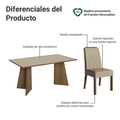 Juego de comedor Tulum Marrón y Crema 160x78cm Rectangular de Cuatro Puestos con Cuatro Sillas - COMEDORES | Bylmo