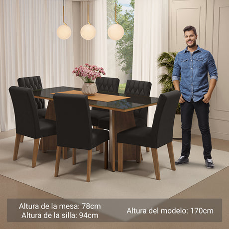 Juego de comedor Marissa Marrón y Negro 180x78cm Rectangular de Seis Puestos con Seis Sillas - COMEDORES | Bylmo