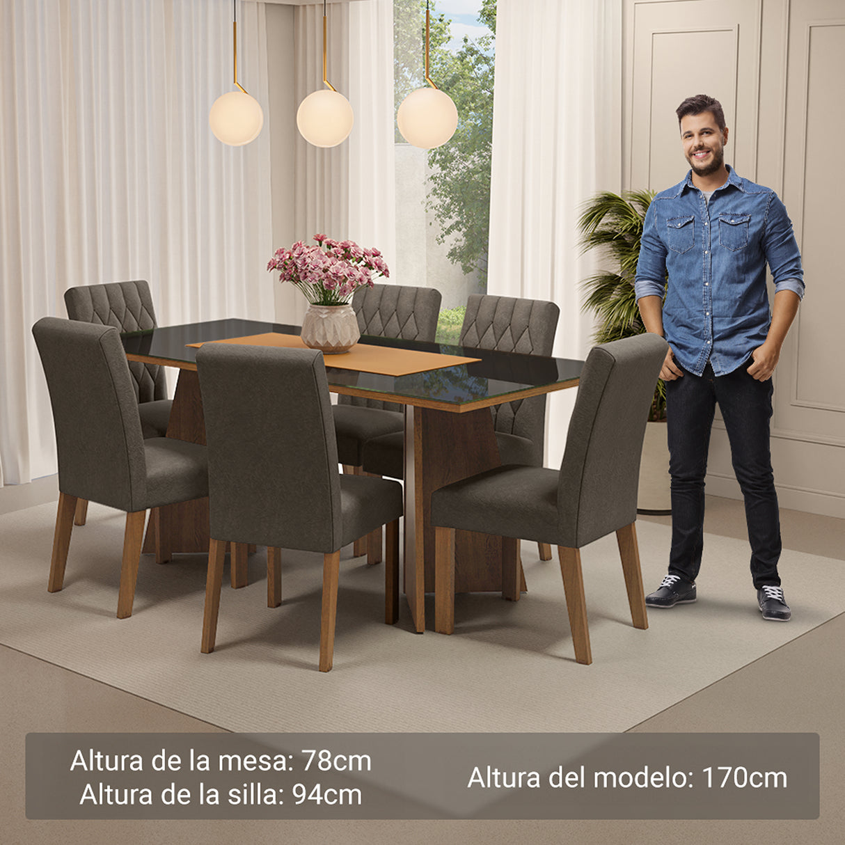 Juego de comedor Marissa Negro y Marrón 180x78cm Rectangular de Seis Puestos con Seis Sillas - COMEDORES | Bylmo