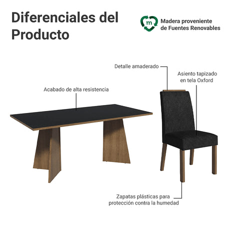 Juego de comedor Minsk Marron Oxford y Negro 180x78cm Rectangular de Seis Puestos con Seis Sillas - COMEDORES | Bylmo