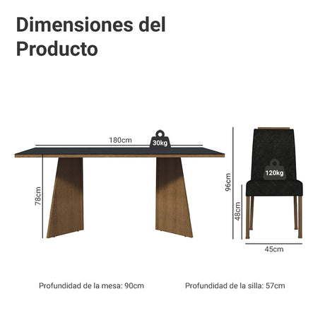 Juego de comedor Amalfi Marrón y Negro Oxford 180x78cm Rectangular de Seis Puestos con Seis Sillas - COMEDORES | Bylmo