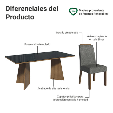Juego de comedor Amalfi Marrón y Negro 180x78cm Rectangular de Seis Puestos con Seis Sillas - COMEDORES | Bylmo