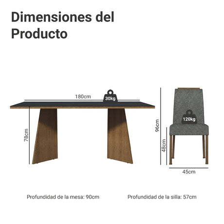 Juego de comedor Amalfi Marrón y Negro 180x78cm Rectangular de Seis Puestos con Seis Sillas - COMEDORES | Bylmo