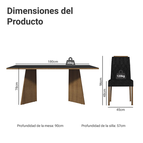 Juego de comedor York Marrón y Negro Oxford 180x78cm Rectangular de Seis Puestos con Seis Sillas - COMEDORES | Bylmo