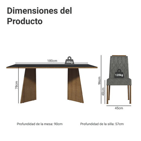 Juego de comedor York Marrón y Negro 180x78cm Rectangular de Seis Puestos con Seis Sillas - COMEDORES | Bylmo