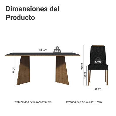 Juego de comedor Siena Marrón y Negro Oxford 180x78cm Rectangular de Seis Puestos con Seis Sillas - COMEDORES | Bylmo