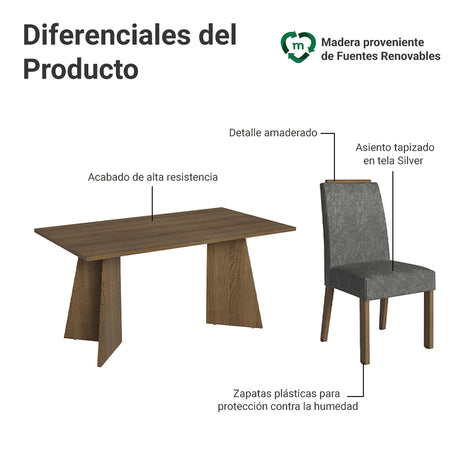 Juego de comedor Soho Marrón y Plateado 160x78cm Rectangular de Seis Puestos con Seis Sillas - COMEDORES | Bylmo