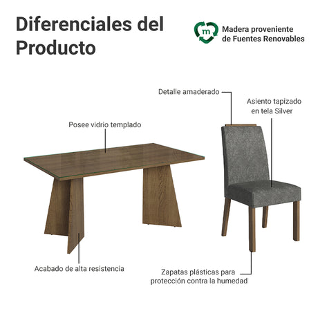 Juego de comedor Madrid Marrón y Plateado 160x78cm Rectangular de Seis Puestos con Seis Sillas - COMEDORES | Bylmo