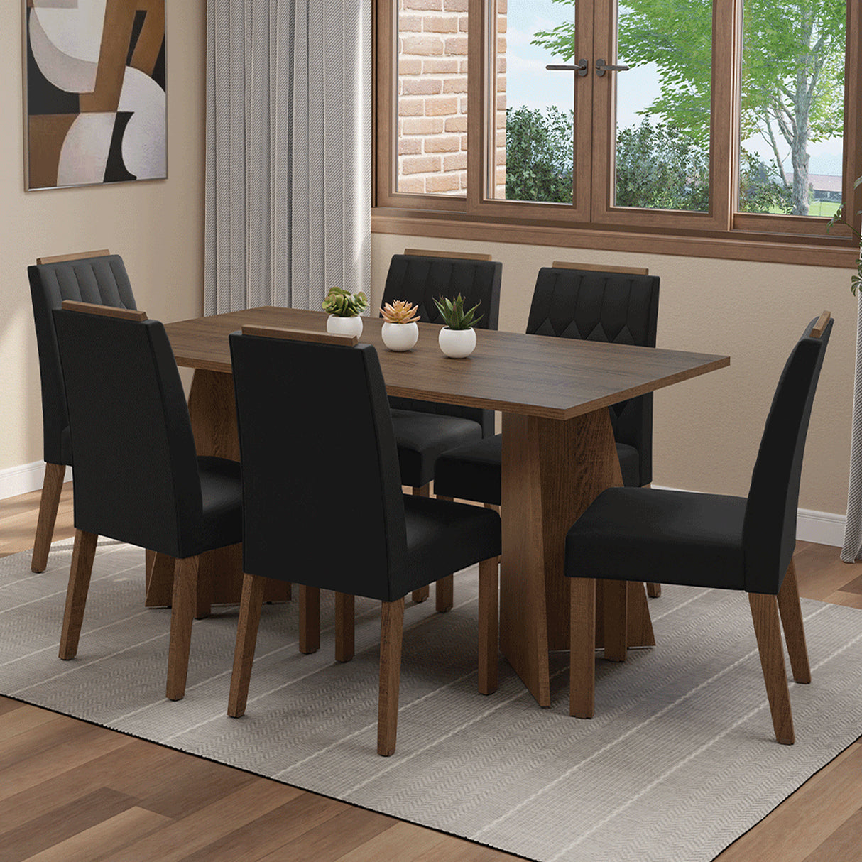 Juego de comedor Leon Marron Oxford y Negro 160x78cm Rectangular de Seis Puestos con Seis Sillas - COMEDORES | Bylmo
