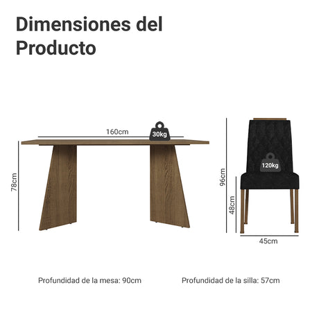 Juego de comedor Leon Marron Oxford y Negro 160x78cm Rectangular de Seis Puestos con Seis Sillas - COMEDORES | Bylmo