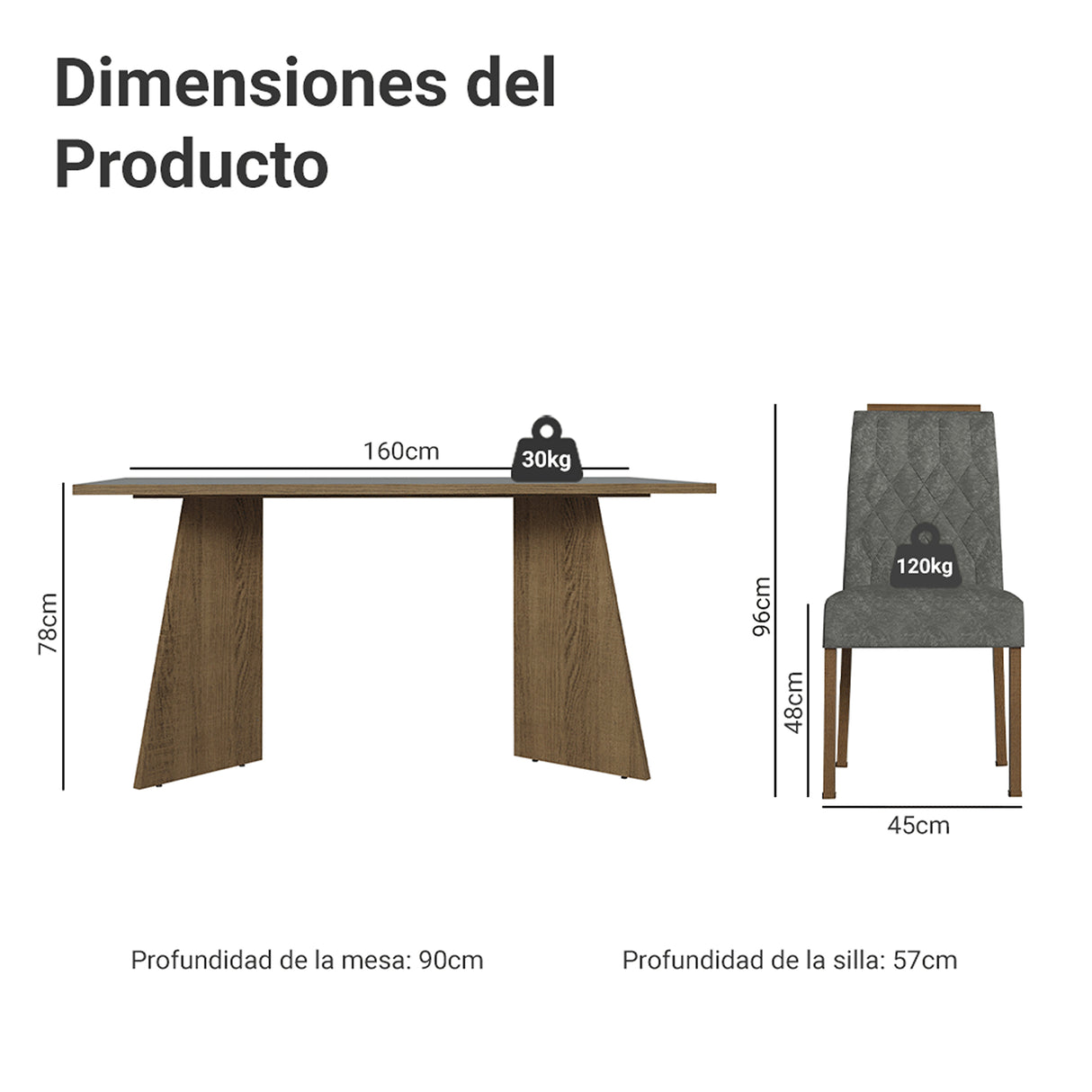 Juego de comedor Leon Marrón y Gris 160x78cm Rectangular de Seis Puestos con Seis Sillas - COMEDORES | Bylmo